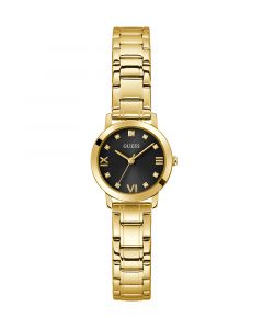 Guess Womens Gold Stainless Steel Case Diamond Black Dial Gold Stainless Steel Bracelet Watch